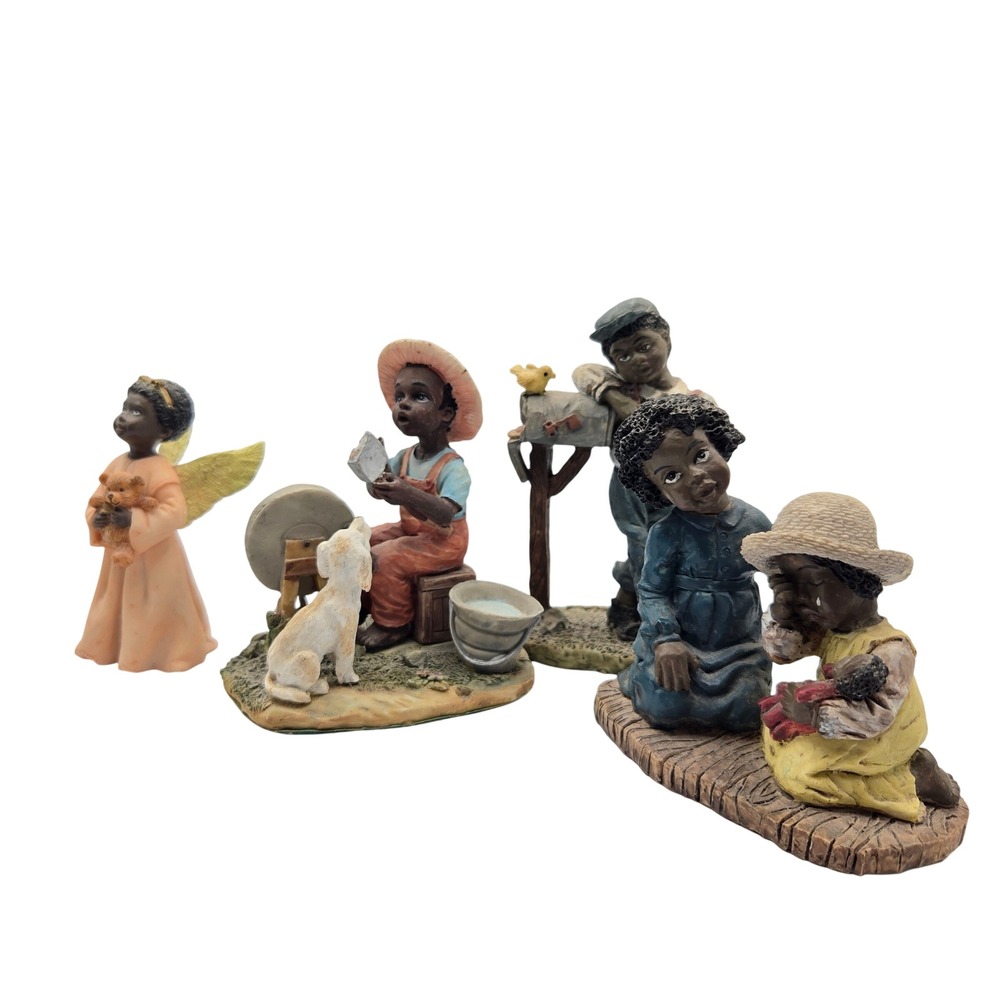4 Vintage Black Resin Americana Folk Art Figurines Angel Country Decor 80s 90s